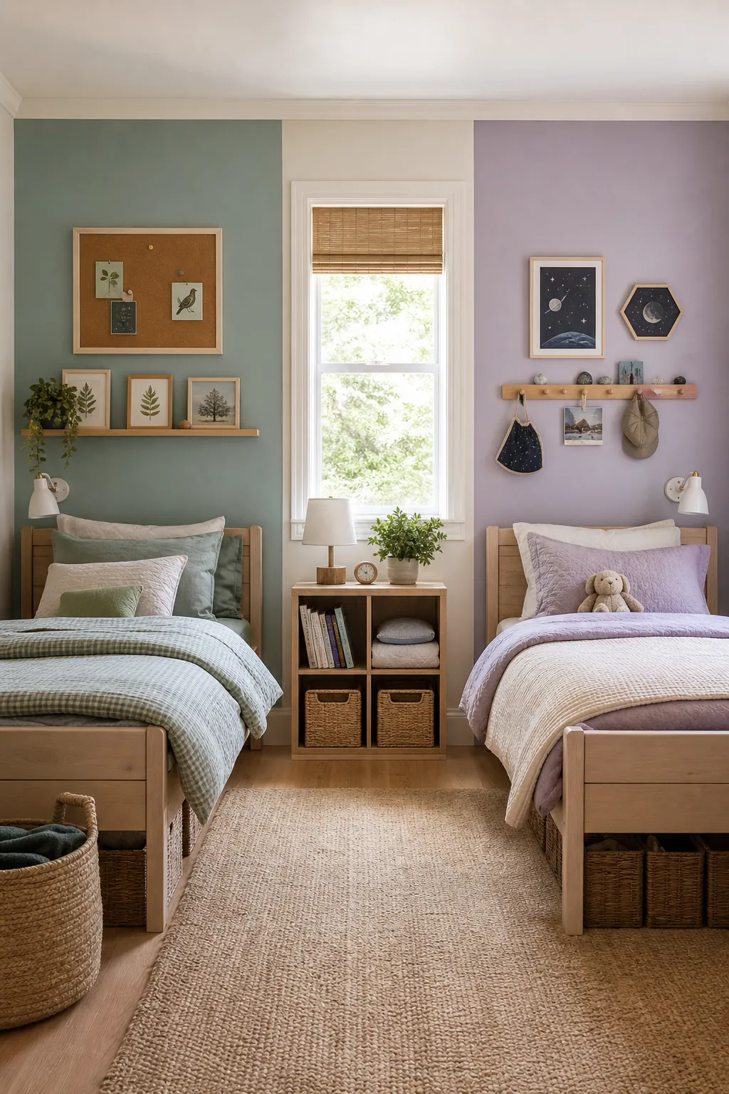 Personal wall decor zones above beds in a sibling room