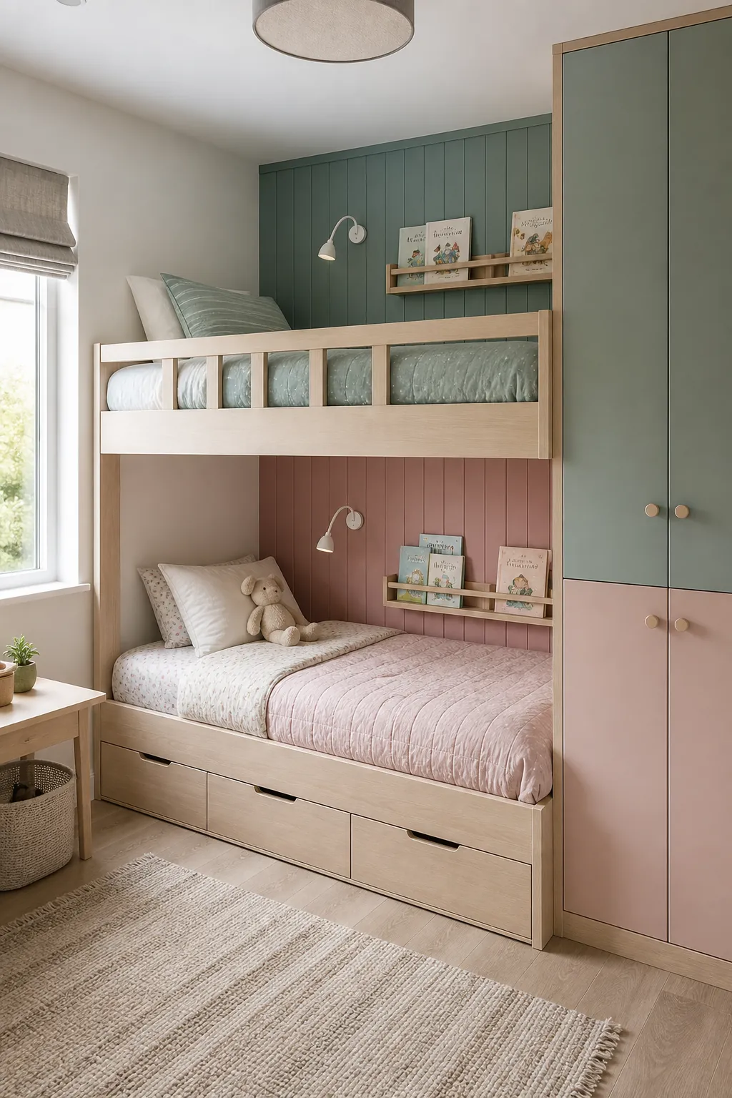 Small shared bedroom with vertical color zones and bunk beds