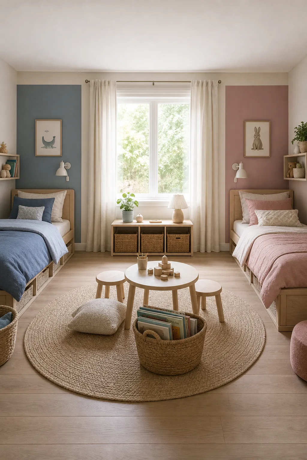 Neutral shared middle zone in a color zoned kids bedroom
