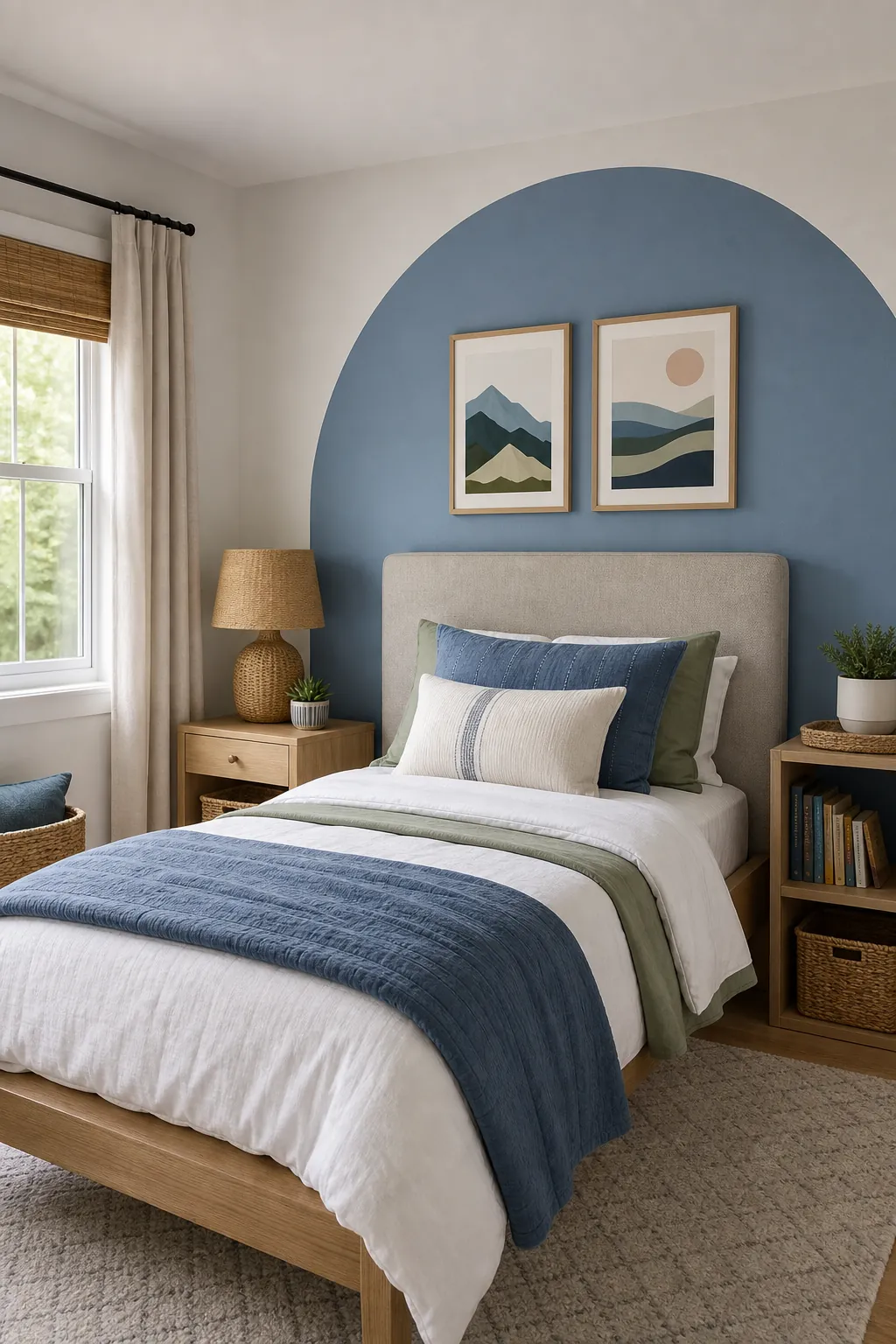 Soft blue kids bedroom accent wall with framed wall art and calm bedding