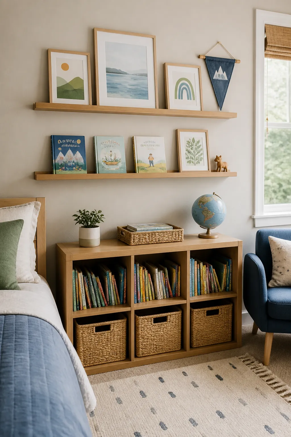 Kids bedroom picture ledges with books framed art and soft neutral wall decor