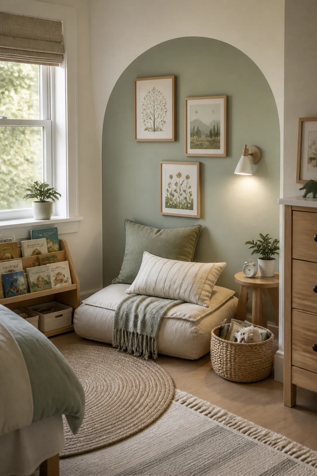 Cozy kids bedroom reading nook wall with book storage cushions and framed art