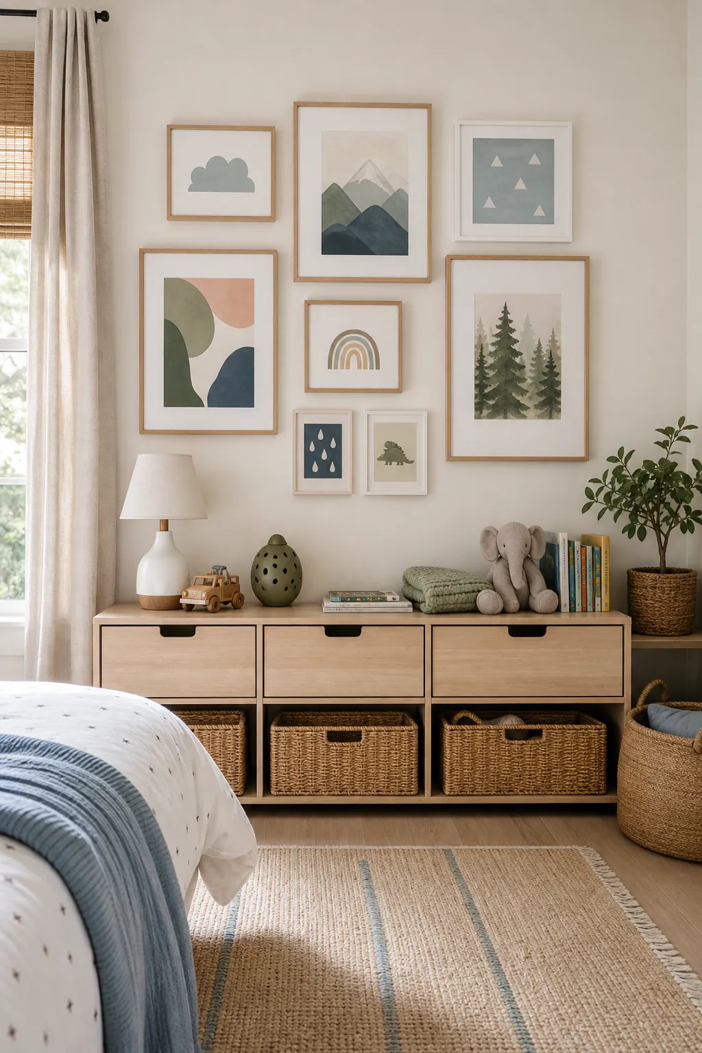 Kids bedroom gallery wall over low toy storage with coordinated frames and soft colors