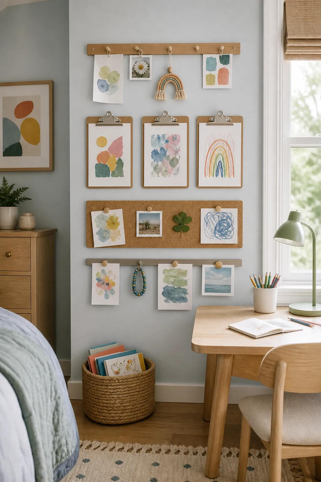 Organized kids bedroom memory board wall with child artwork clipboards and soft decor