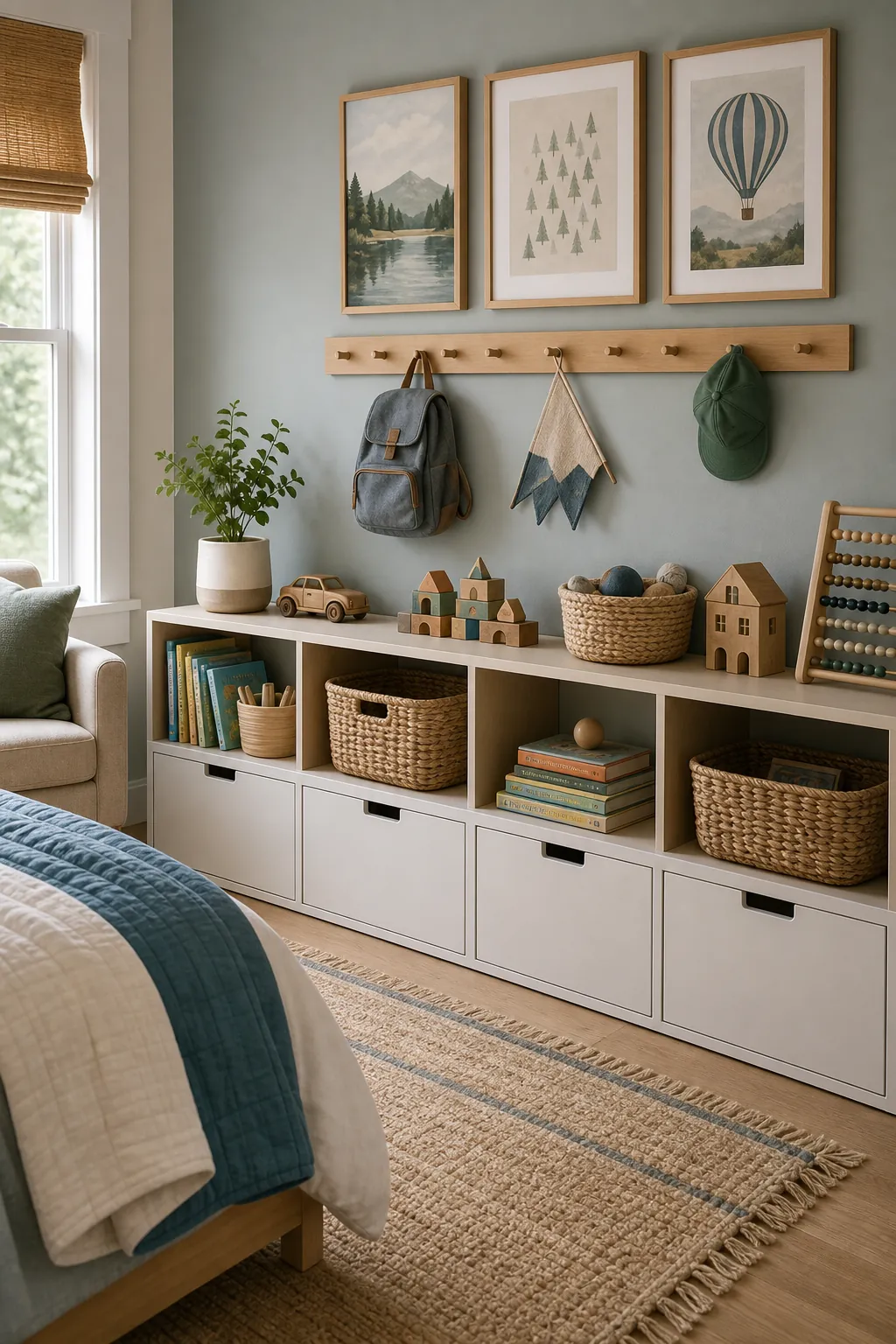 Kids bedroom and playroom decor wall with closed storage framed art and organized shelves