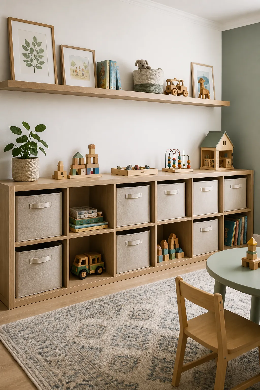 Low playroom cubbies with labeled bins and a styled wall shelf above