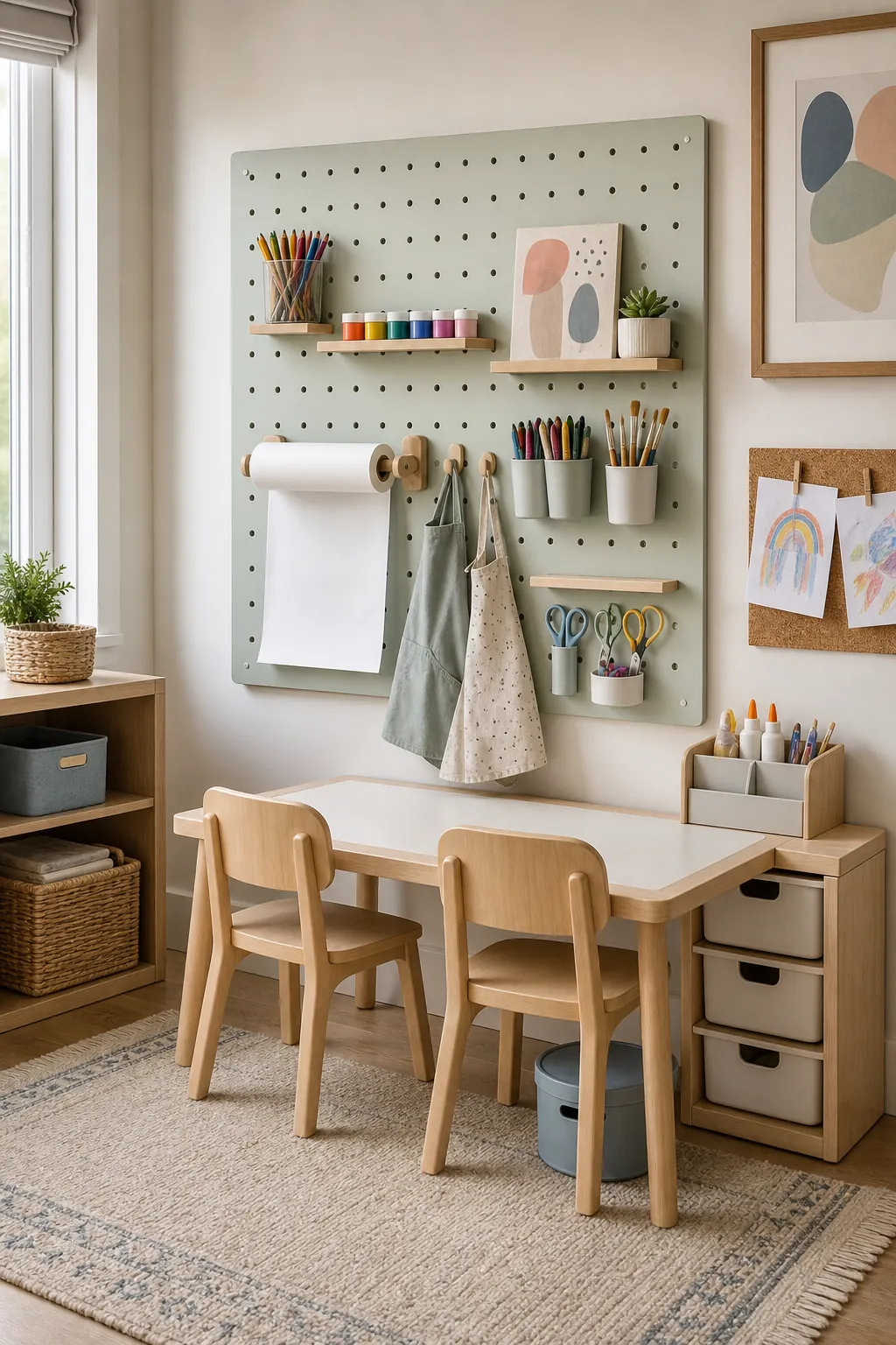 Playroom pegboard art station with organized craft supplies and soft colors