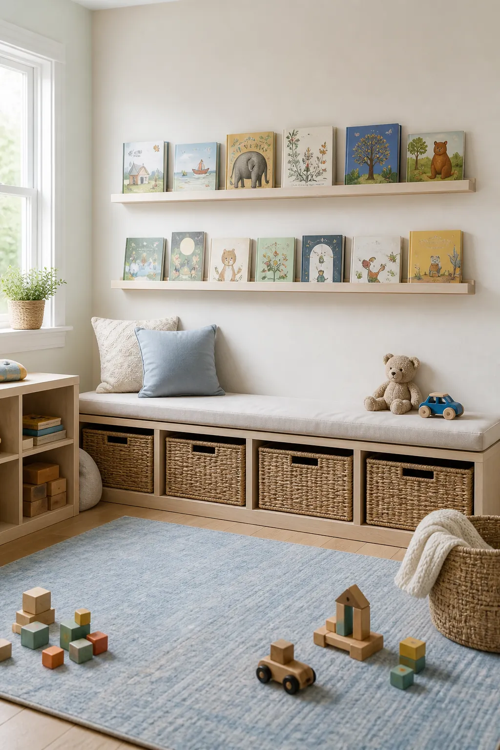 Playroom picture ledges displaying children's books above soft toy storage