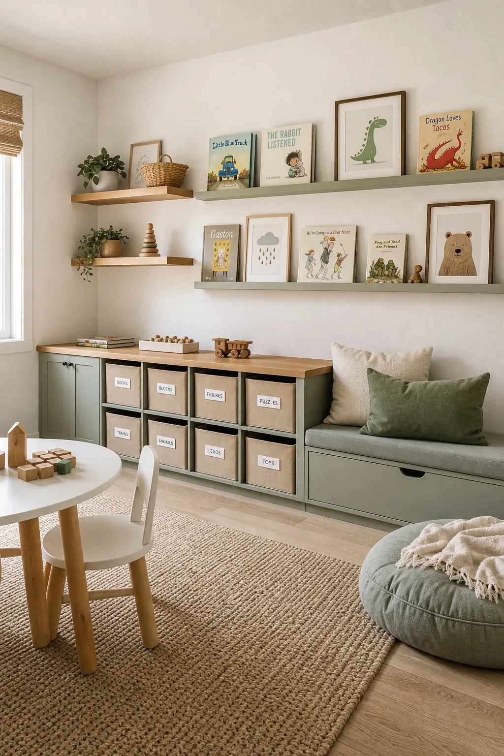 Stylish playroom wall decor with shelves, baskets, and hidden toy storage
