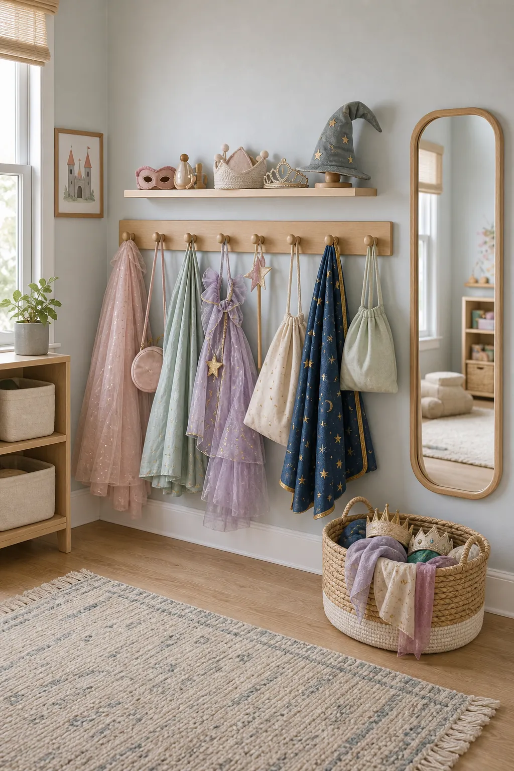 Dress-up hook wall in a playroom with costumes, mirror, and storage basket