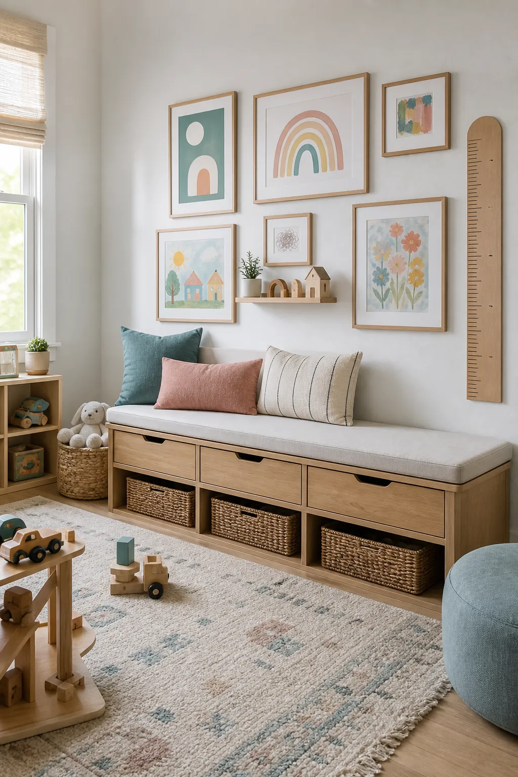 Playroom gallery wall above a hidden toy storage bench
