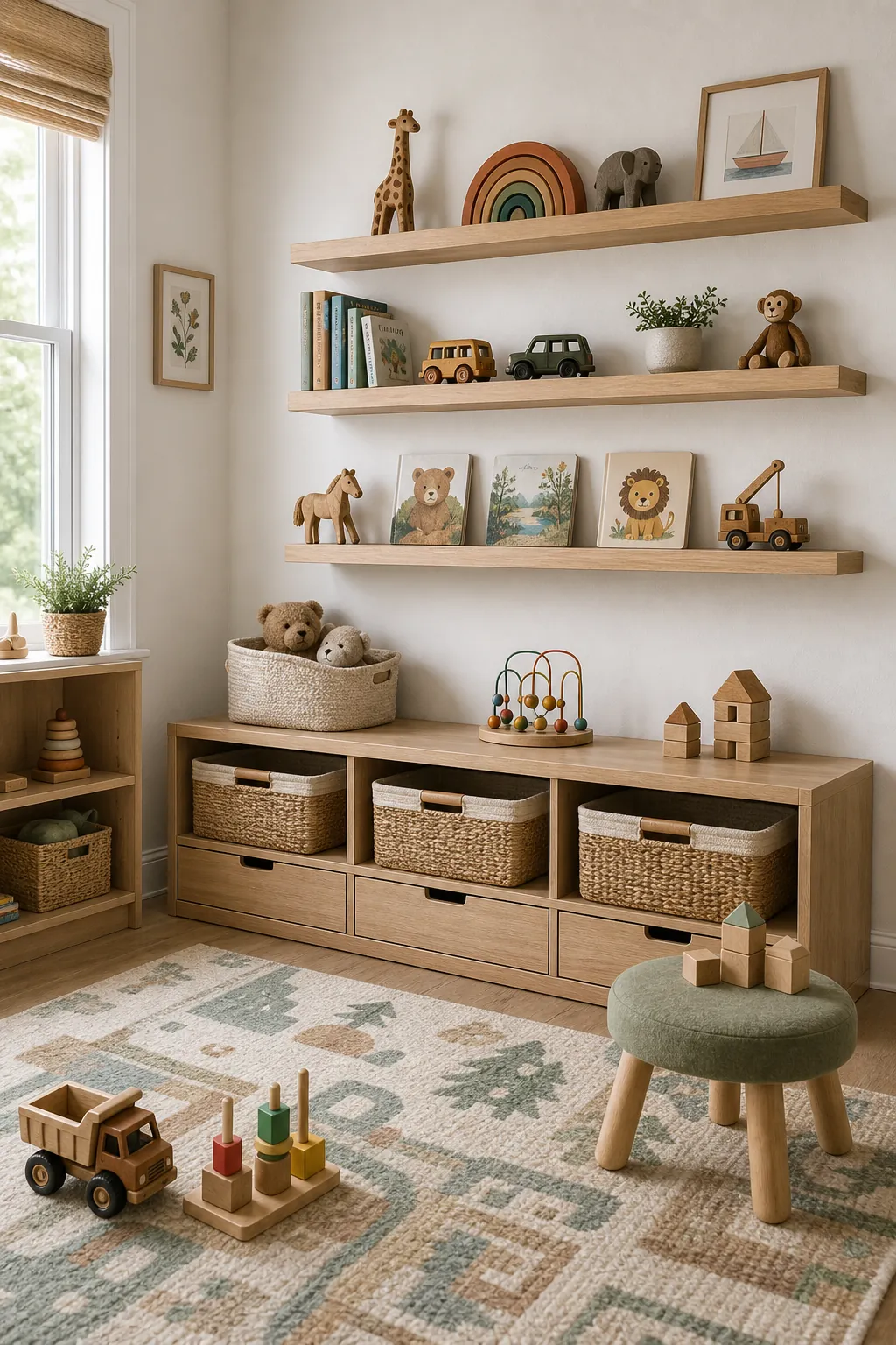 Playroom floating shelves with favorite toys and closed baskets below