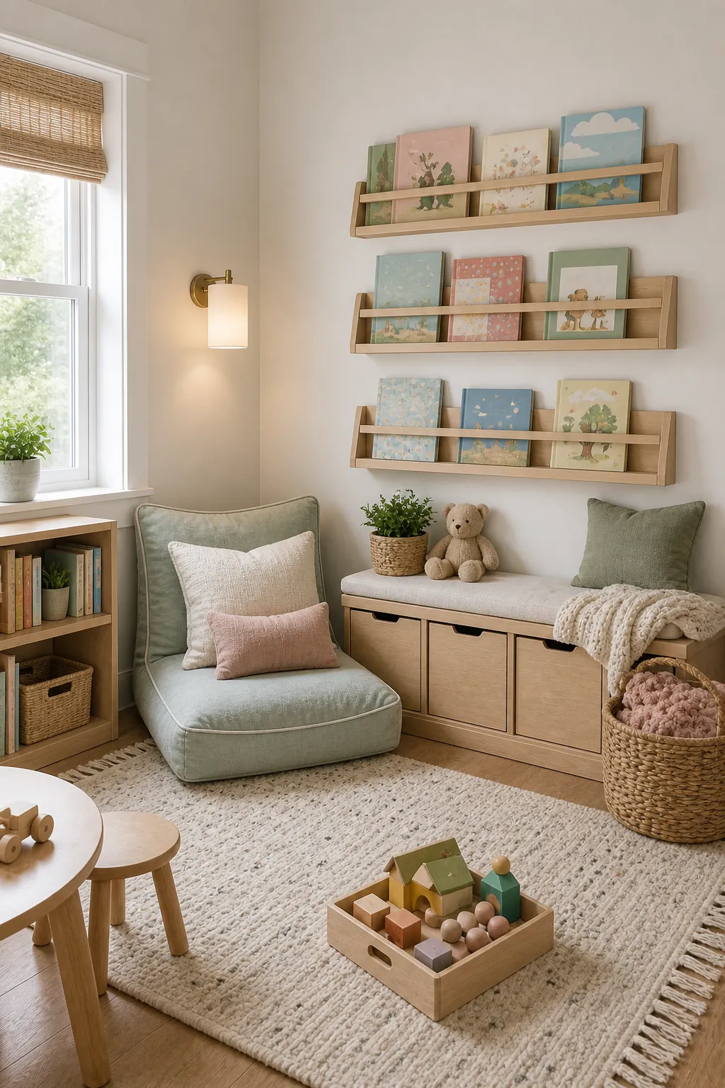 Playroom reading nook with book rails, soft seating, and hidden storage