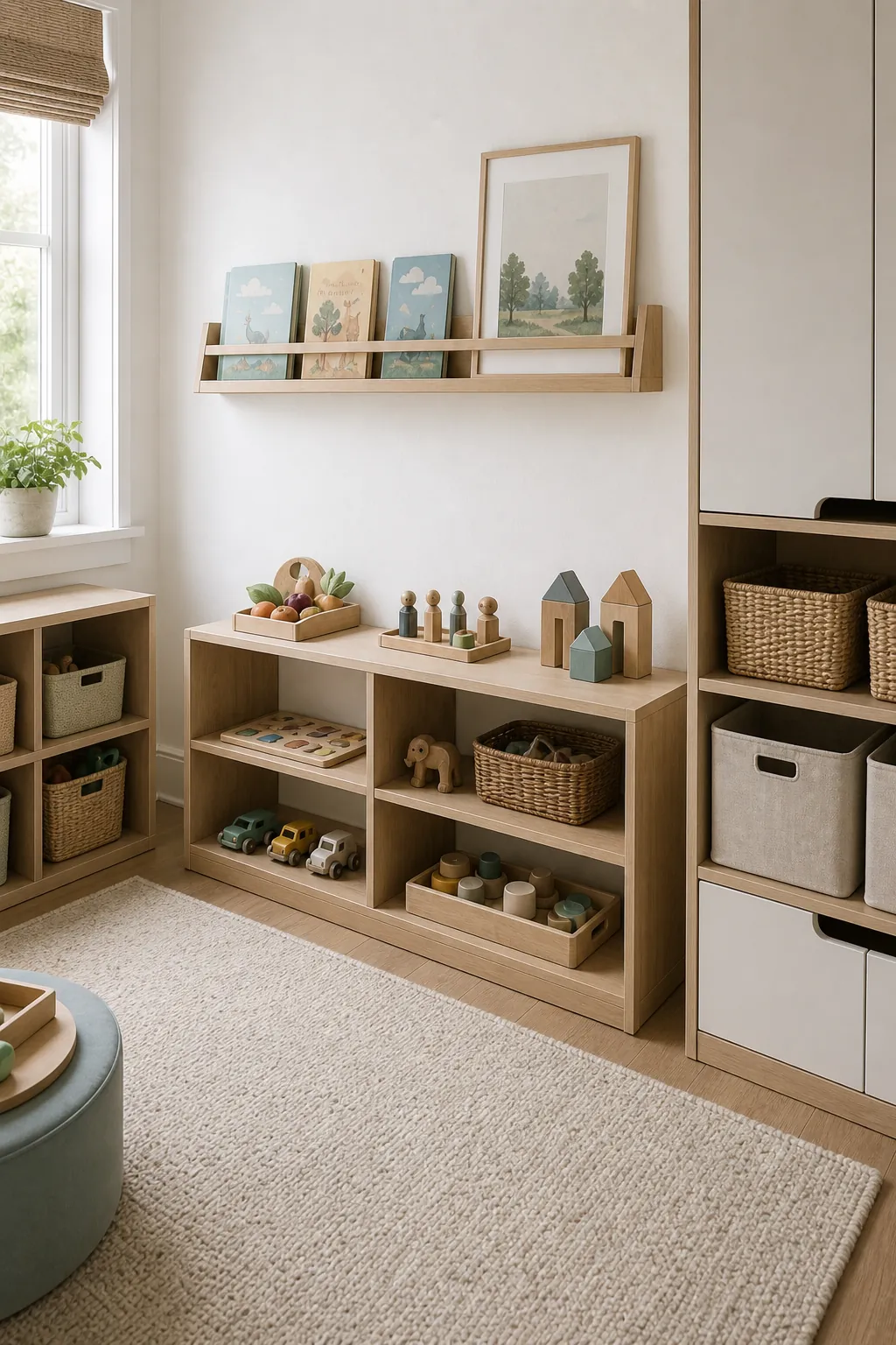Toy rotation display wall with a low shelf and neatly styled playroom storage