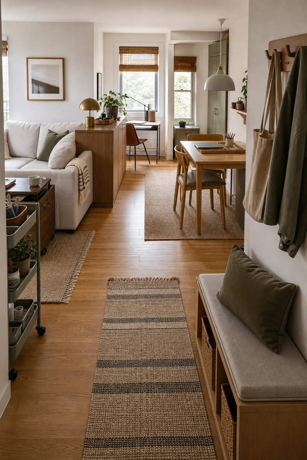 Organized small home arranged by activity zones with calm practical storage