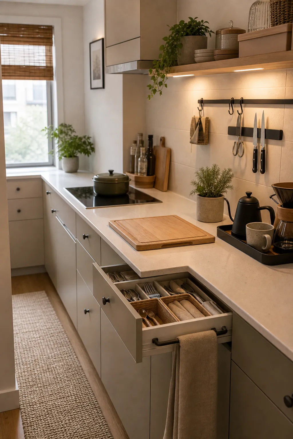 Compact kitchen meal prep activity zone with clear counter and grouped storage