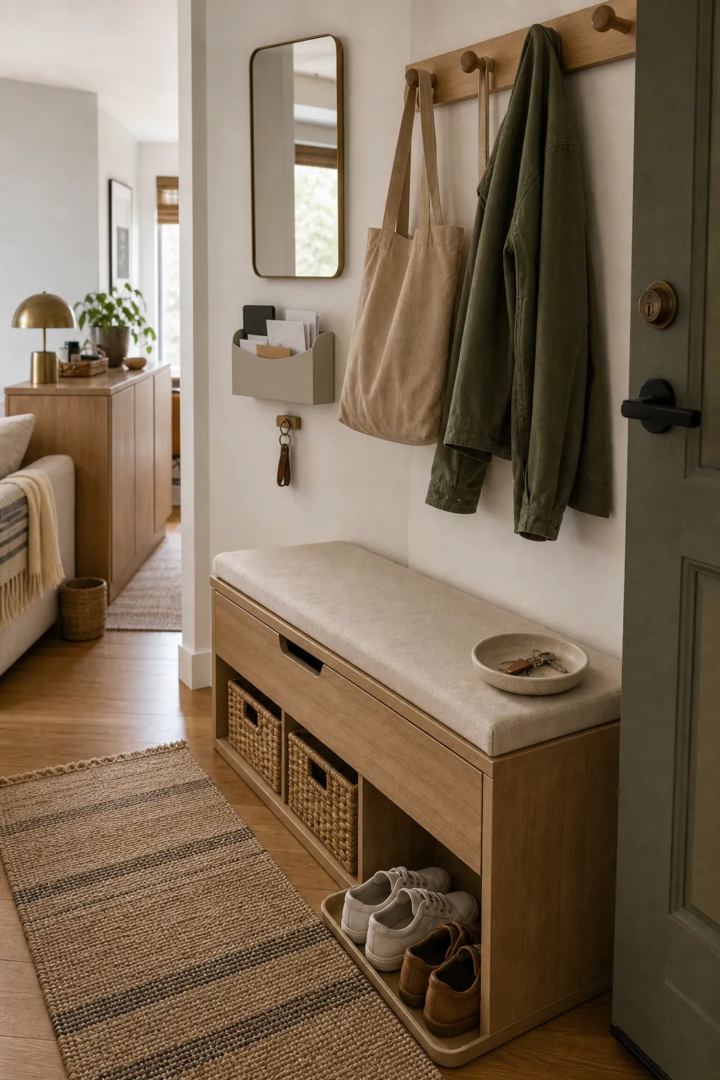 Compact entryway launch zone with hooks bench shoe tray and small space storage