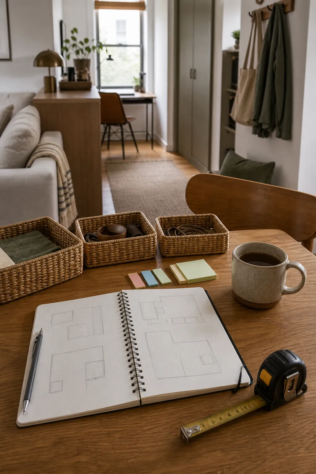 Small home activity zone map with baskets and practical storage planning