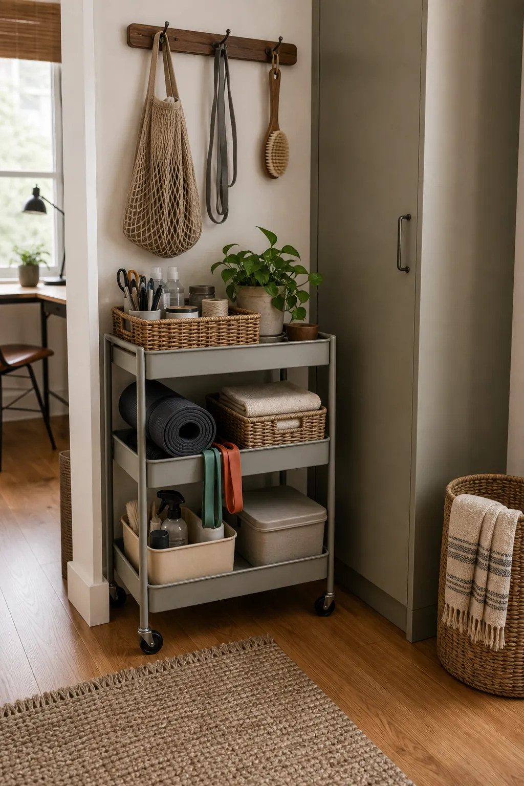 Small home hobby and chore reset station with rolling cart baskets and cabinet storage
