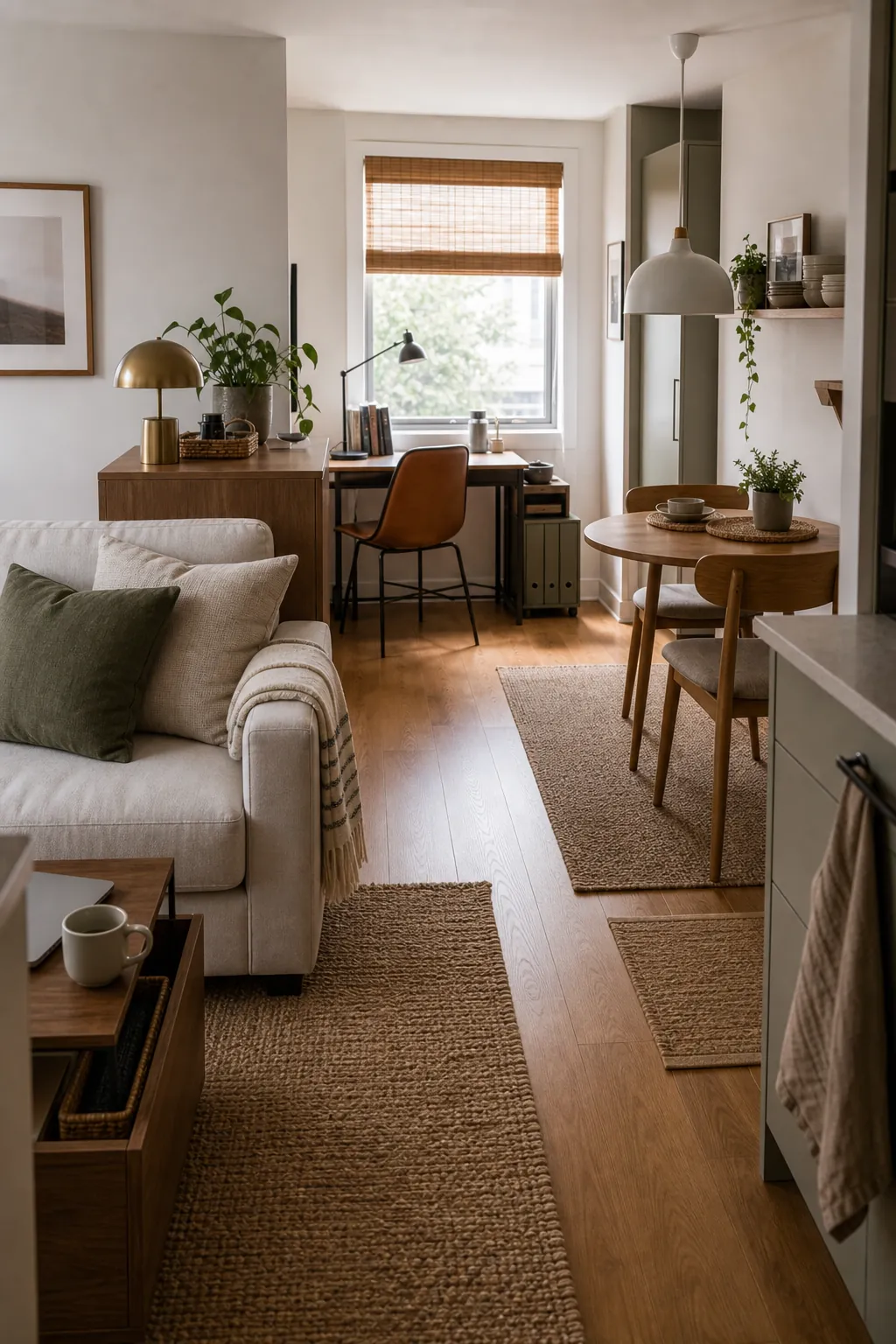Studio apartment divided into living work and dining room zones without walls