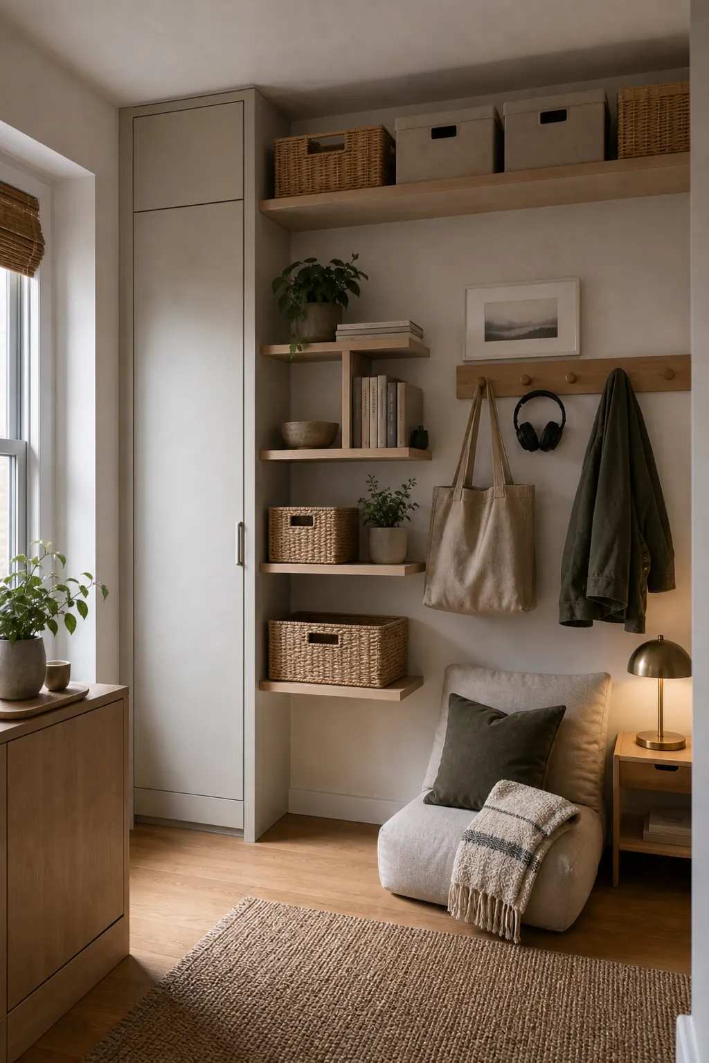Small apartment vertical storage system with quiet closed cabinets and open daily hooks