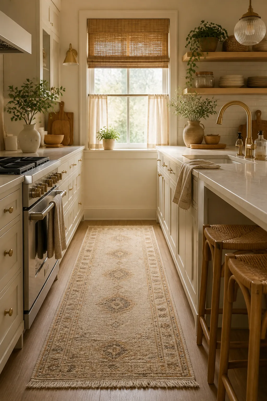 Cozy kitchen decor with washable runner, woven texture, natural stools, linen towels, and warm neutral styling