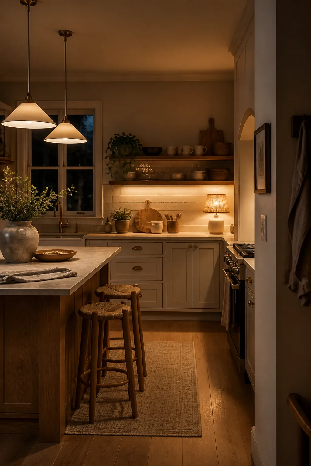 Warm kitchen with soft pendant lighting, wood accents, open shelving, and cozy evening atmosphere