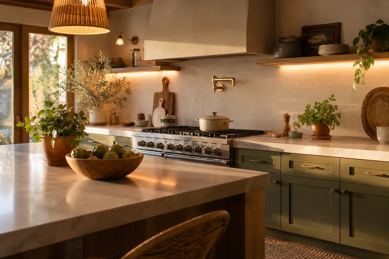 Warm kitchen with natural wood accents, soft lighting, plants, and cozy uncluttered decor