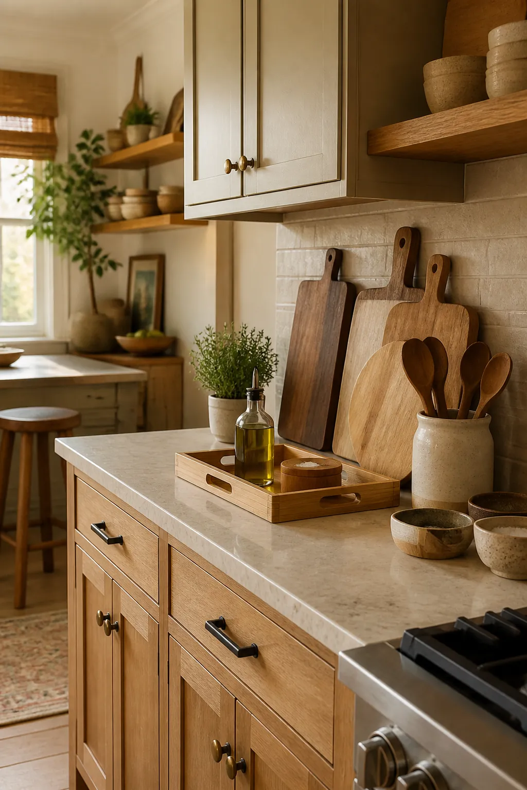 Natural warm kitchen styling with bamboo tray, wooden cutting boards, ceramic bowls, and practical wood accents