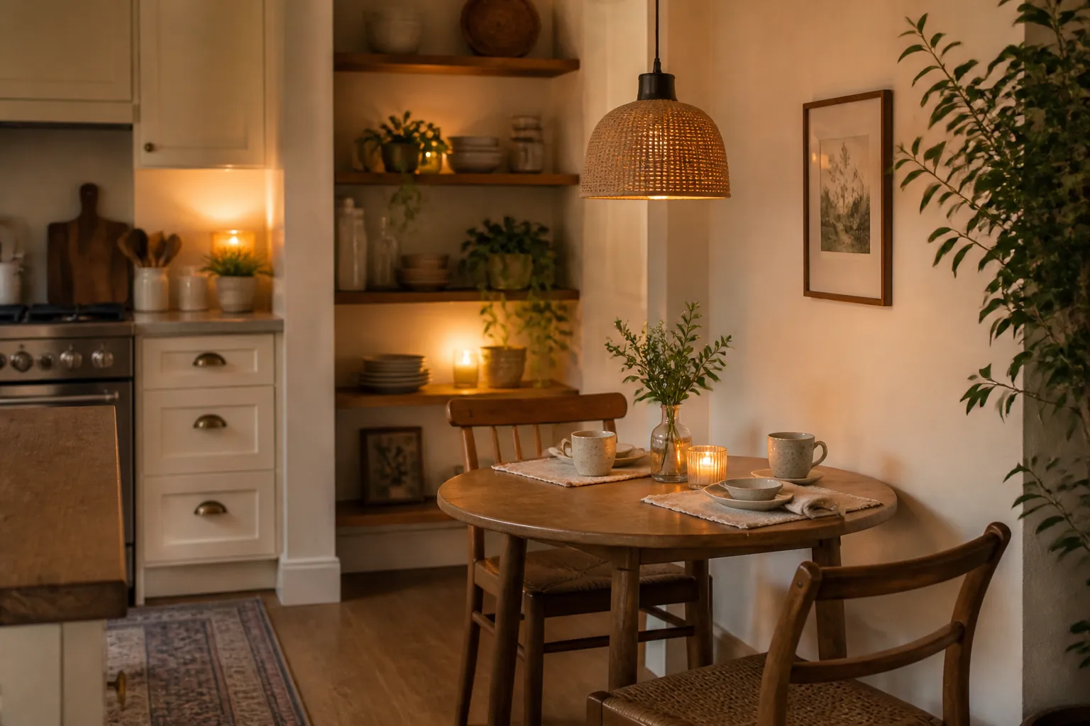 Cozy kitchen and dining nook with warm wood table, pendant light, natural textures, and inviting styling