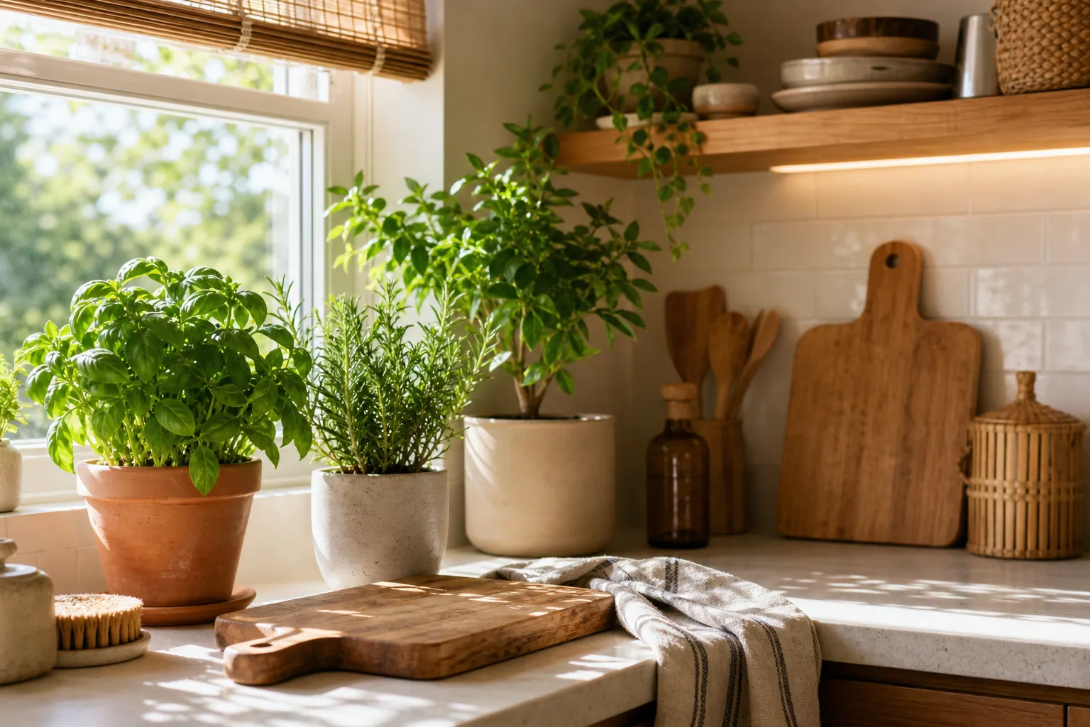 Warm kitchen plants near a sunny window with fresh herbs, wood accents, ceramic pots, and natural kitchen decor