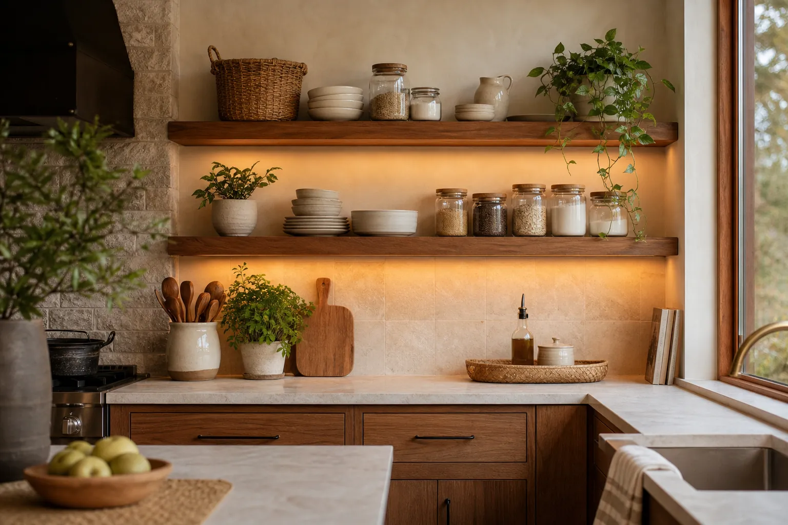 Warm open shelving in a natural kitchen with everyday ceramics, cookbooks, wood boards, and small plants