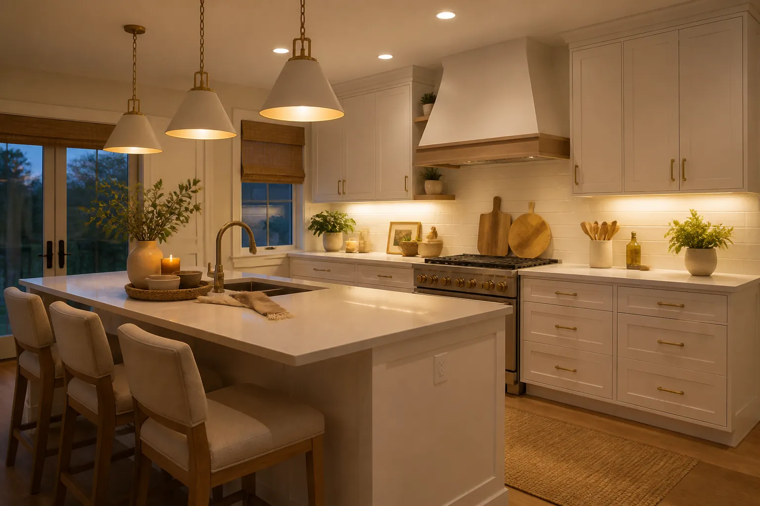Warm white kitchen with layered lighting and soft under cabinet glow