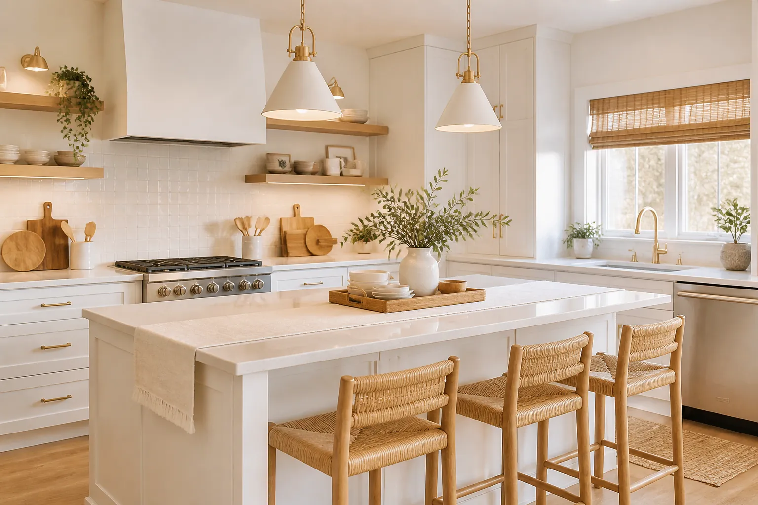 Warm white kitchen with natural wood bamboo texture and soft light