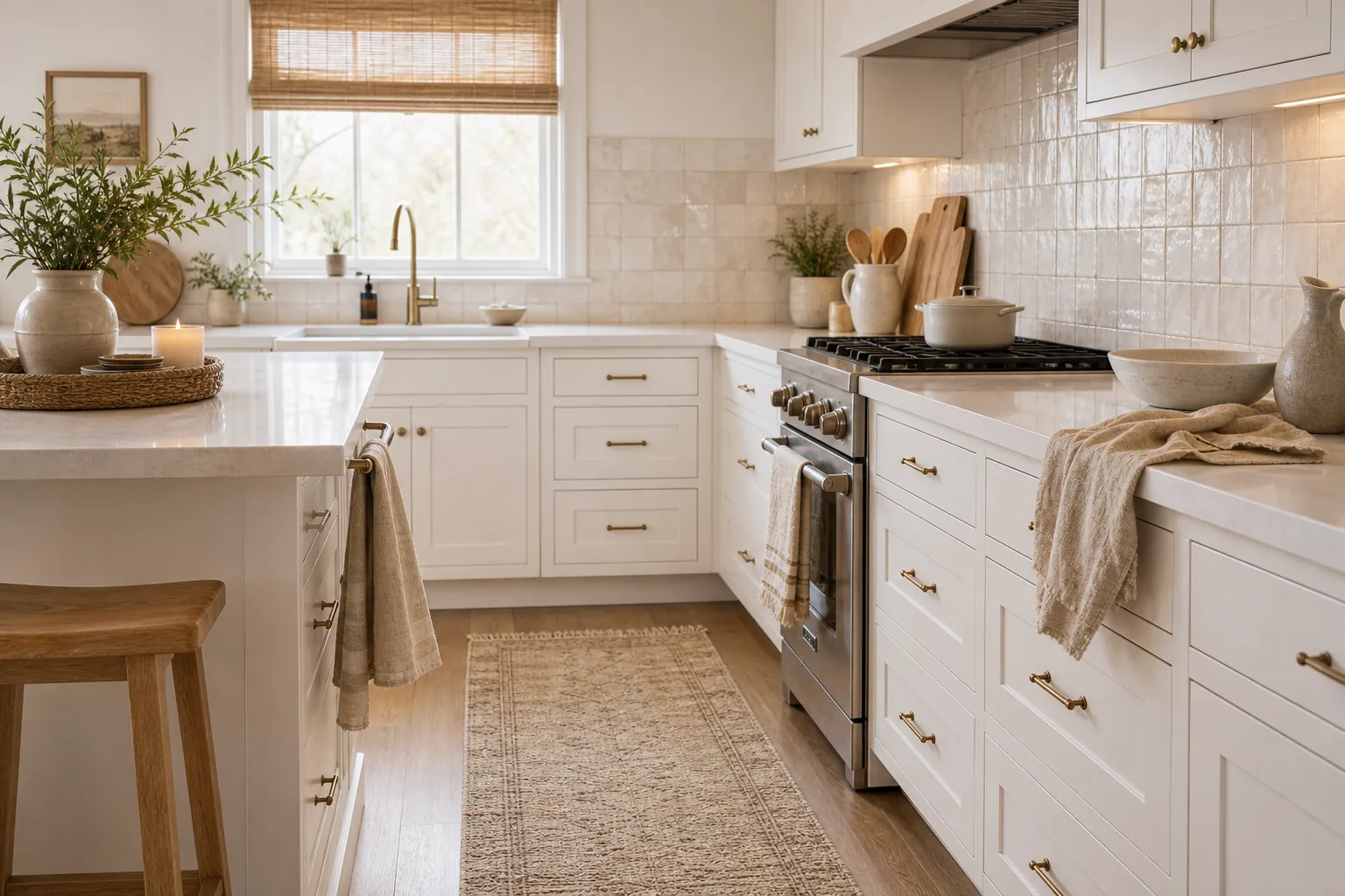 White kitchen with textured backsplash and runner adding warmth and depth