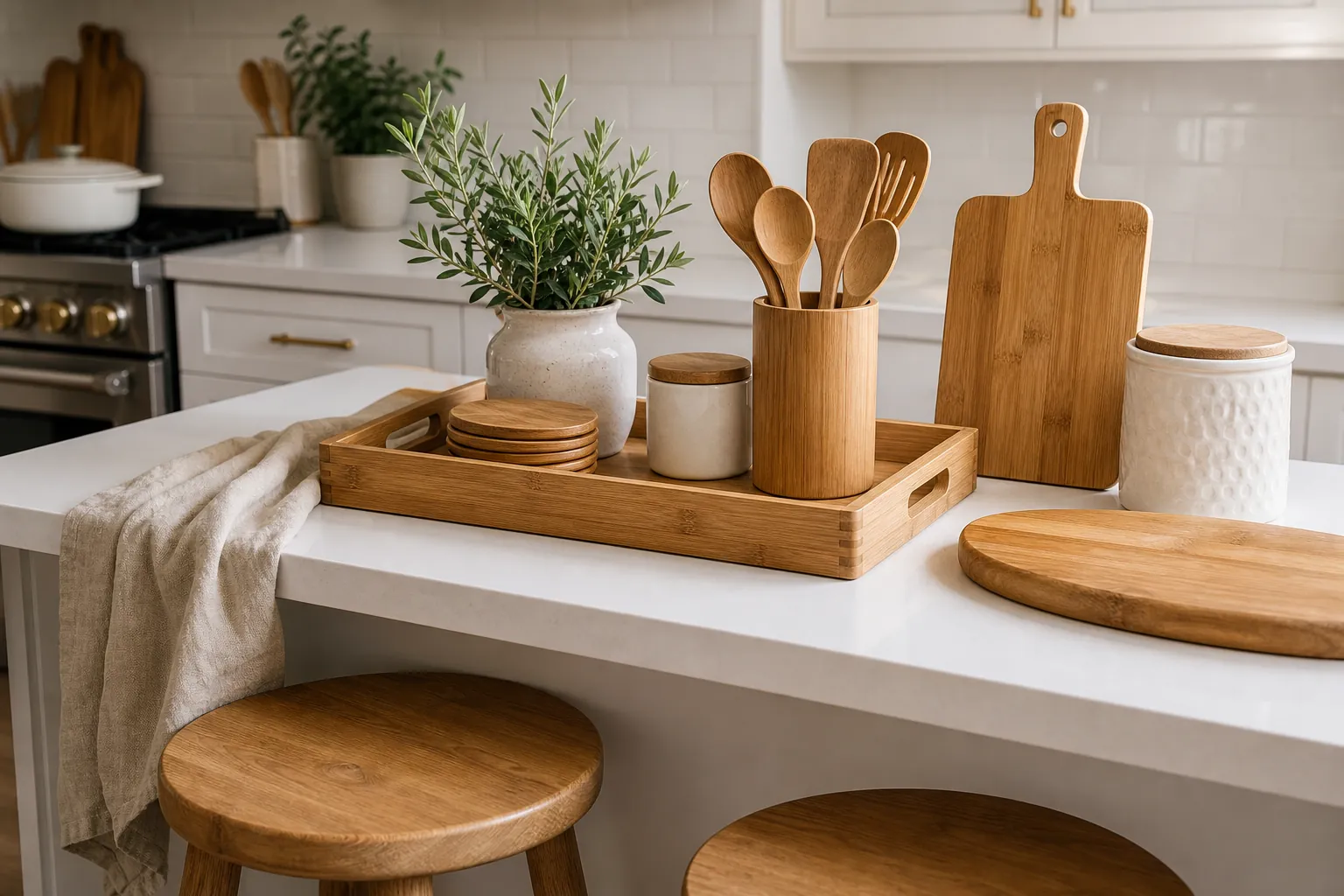 White kitchen decor with bamboo and wood accents for a warmer natural look
