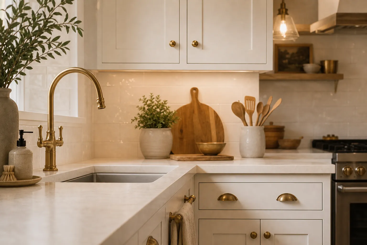 Warm white kitchen with brass hardware and natural accents