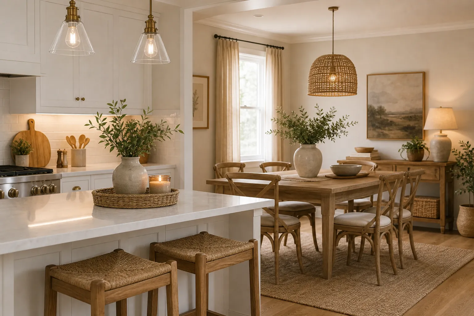 Cozy kitchen connected to warm dining room decor with natural textures