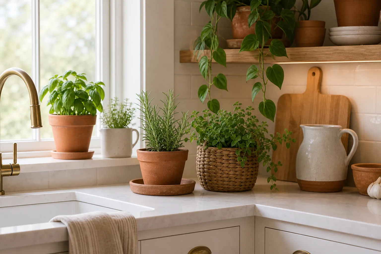 Natural kitchen styling with greenery terracotta and warm white cabinets