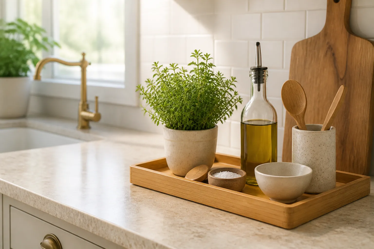 Bamboo tray counter decor zone with olive oil, herbs, and ceramic storage
