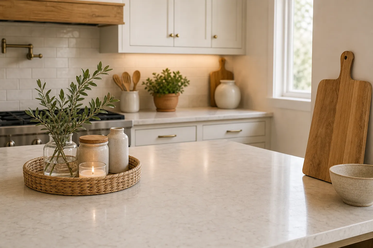 Clear kitchen prep counter with warm wood boards and uncluttered natural decor