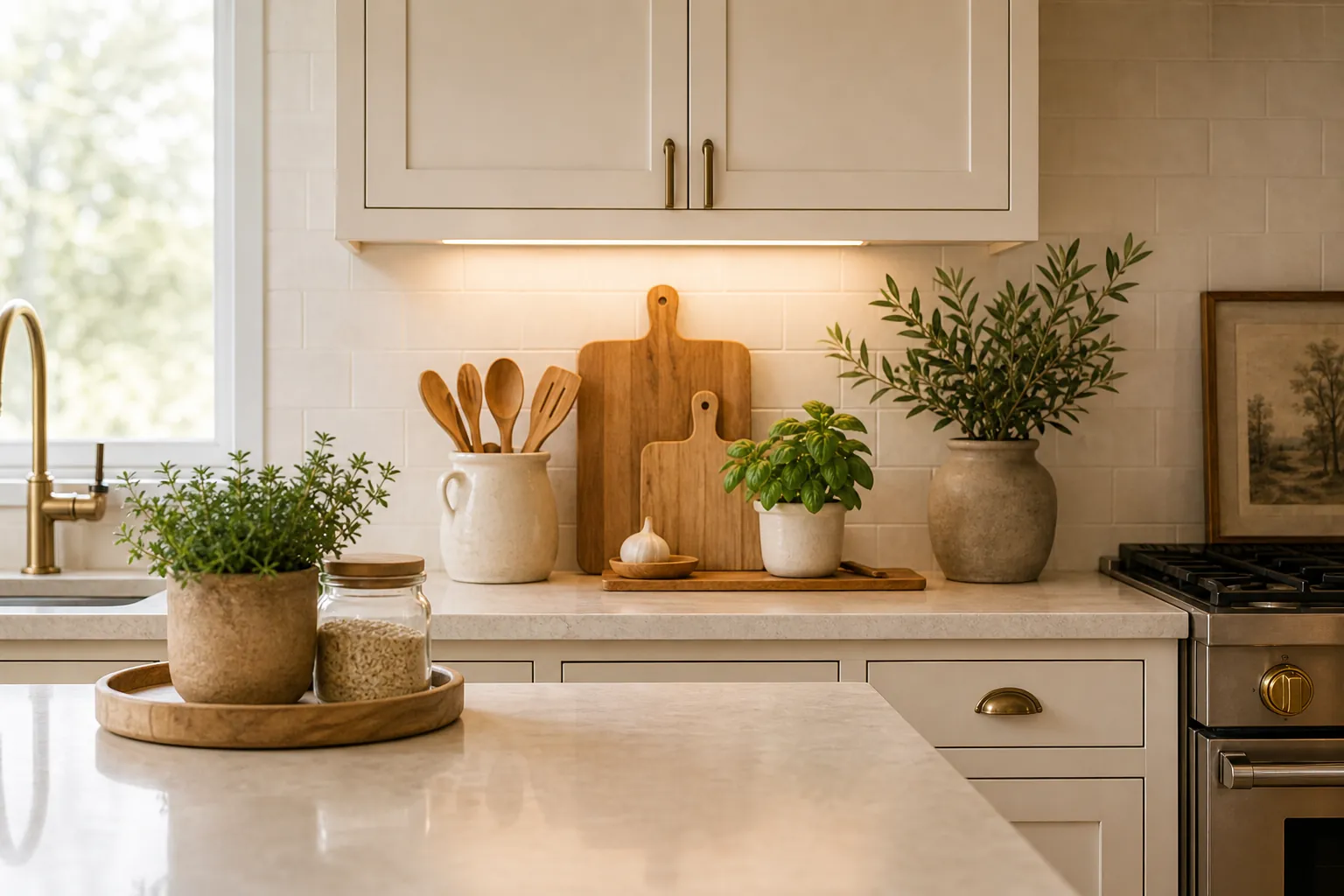Clutter free kitchen counter decor with bamboo, herbs, and natural materials