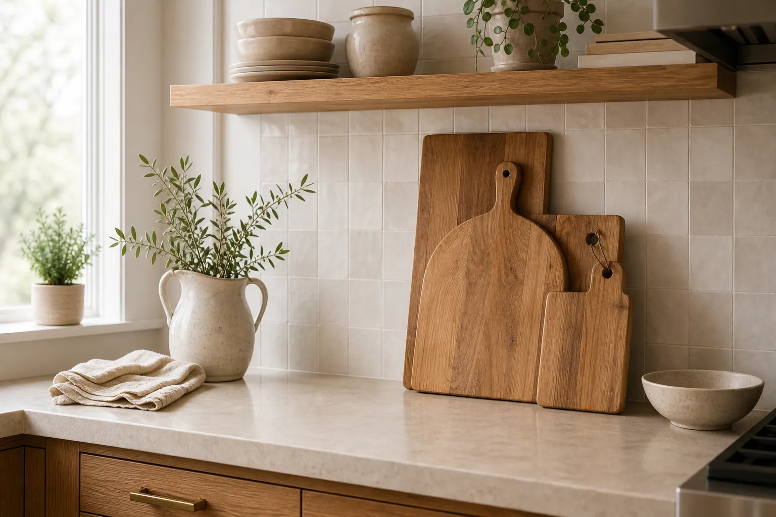 Wooden cutting boards and open shelving styled in a natural clutter free kitchen