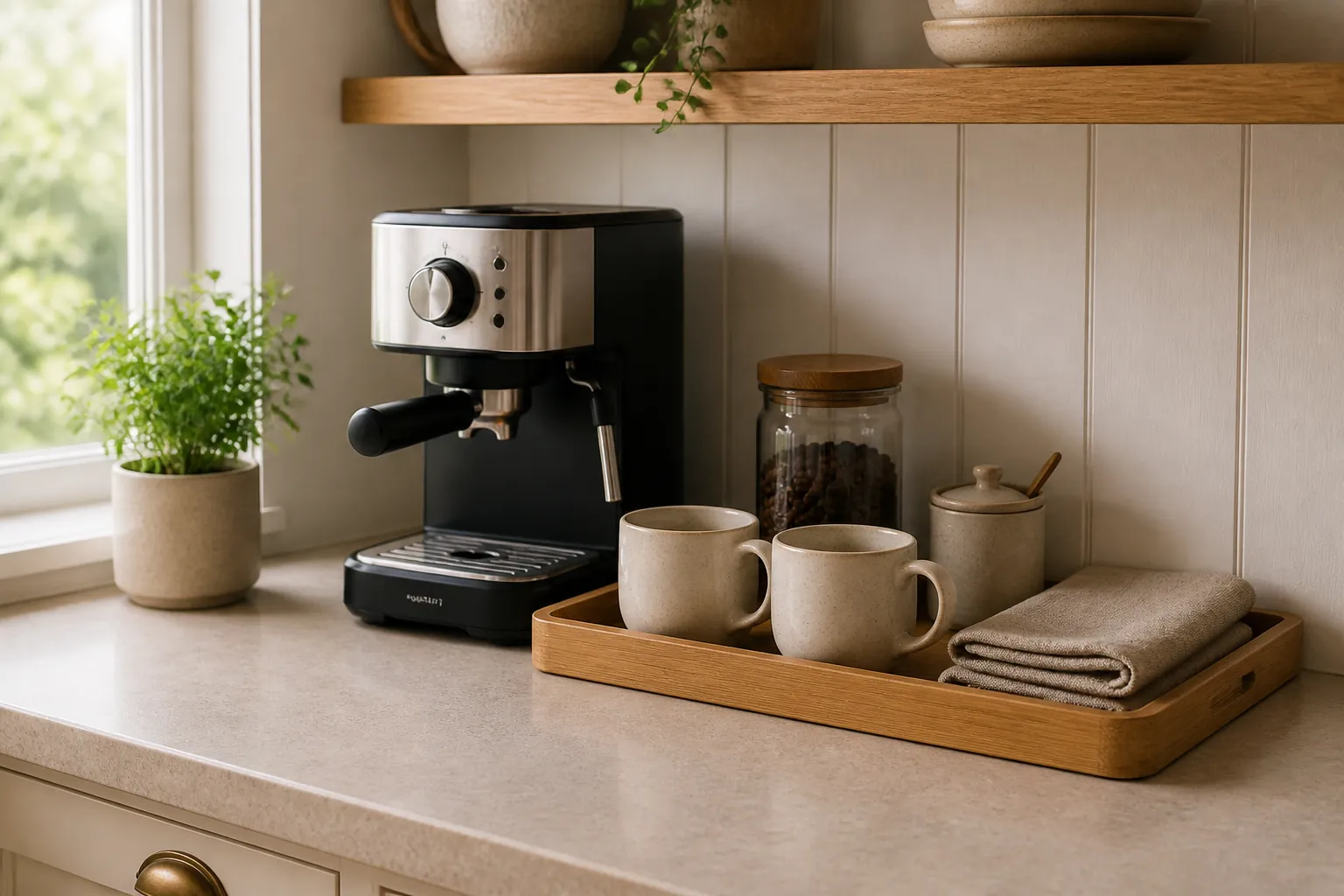 Organized coffee corner on a kitchen counter with bamboo tray and clear workspace