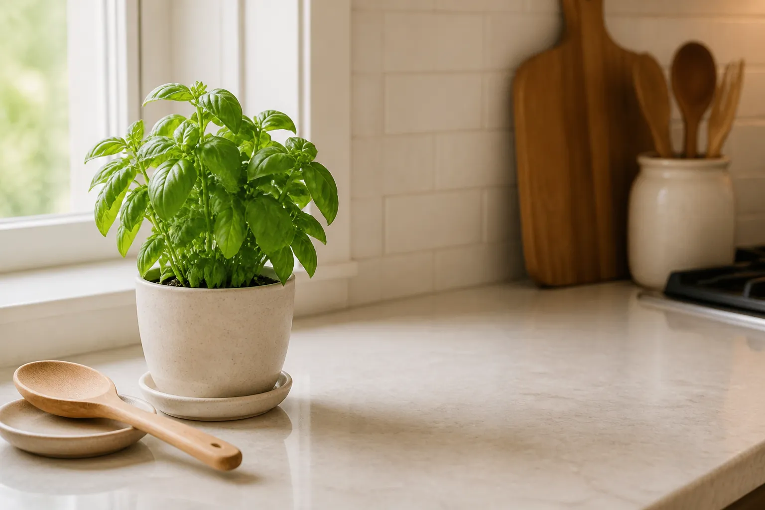 Small kitchen herb plant styled on a natural counter without clutter