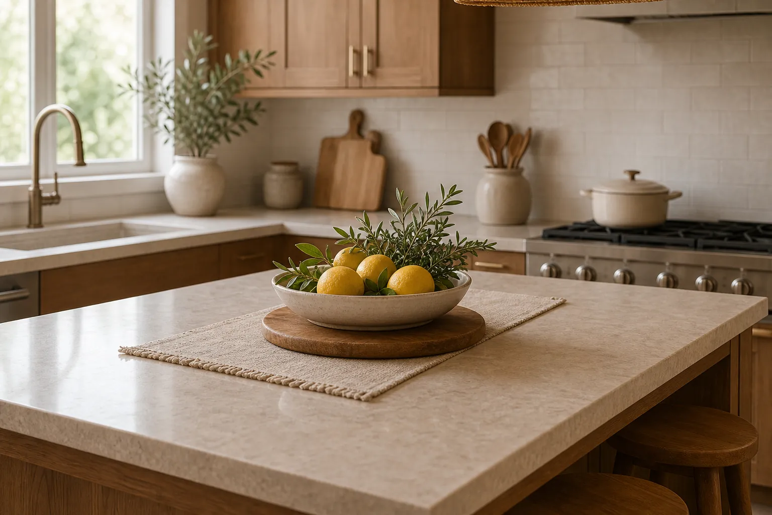 Natural kitchen island centerpiece with fruit bowl and open counter space