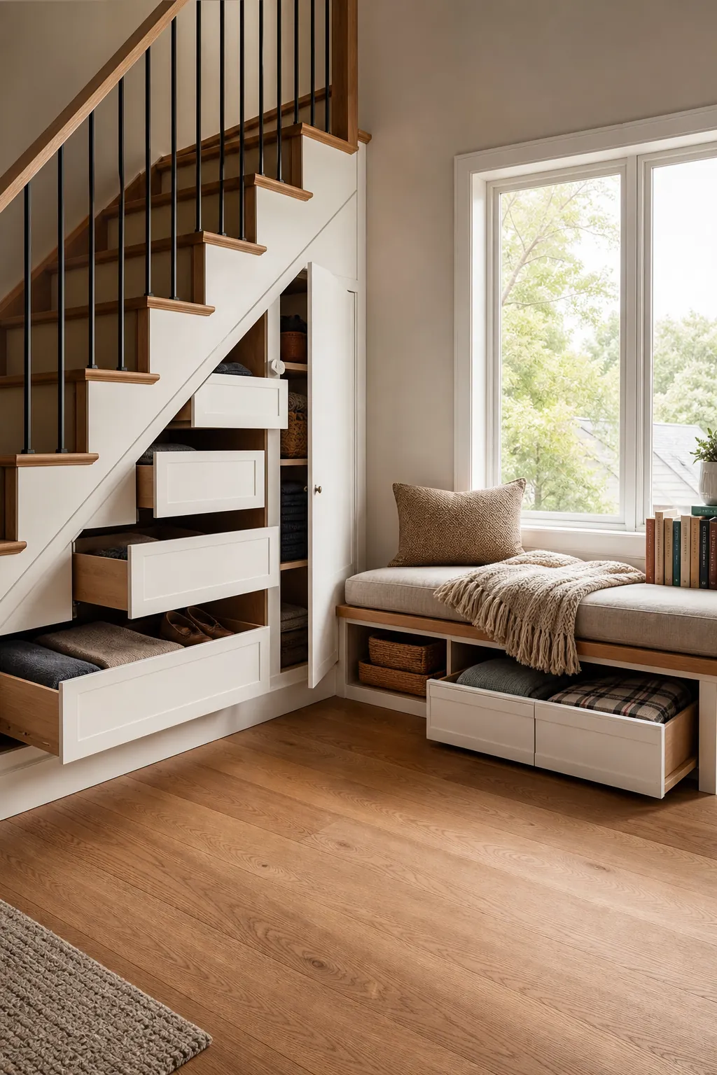 Small space storage ideas with built in drawers under stairs and a window bench