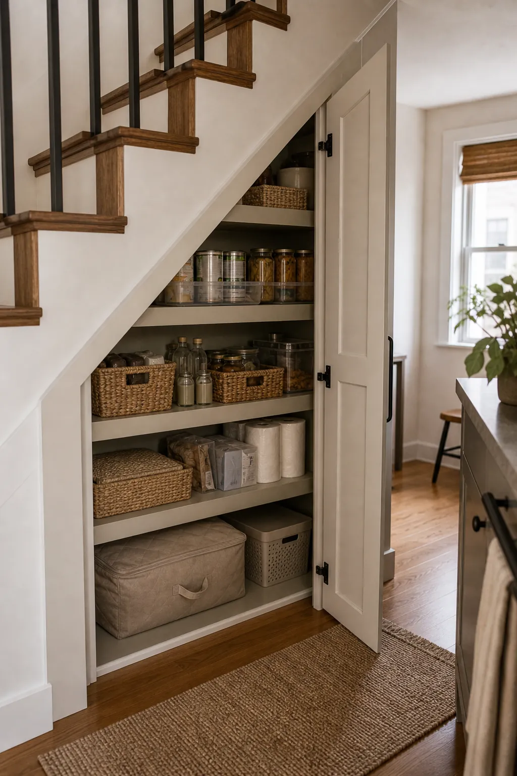 Hidden under stairs pantry closet with clear bins and labeled shelves