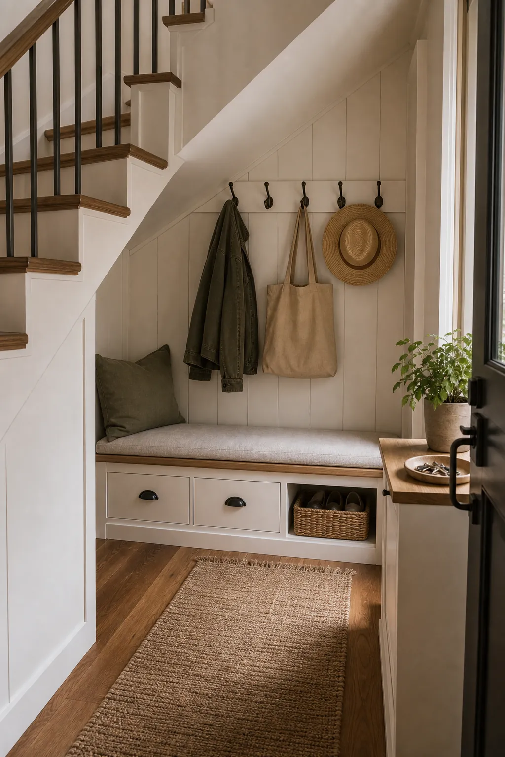 Small entryway under stairs storage with bench hooks and shoe drawers