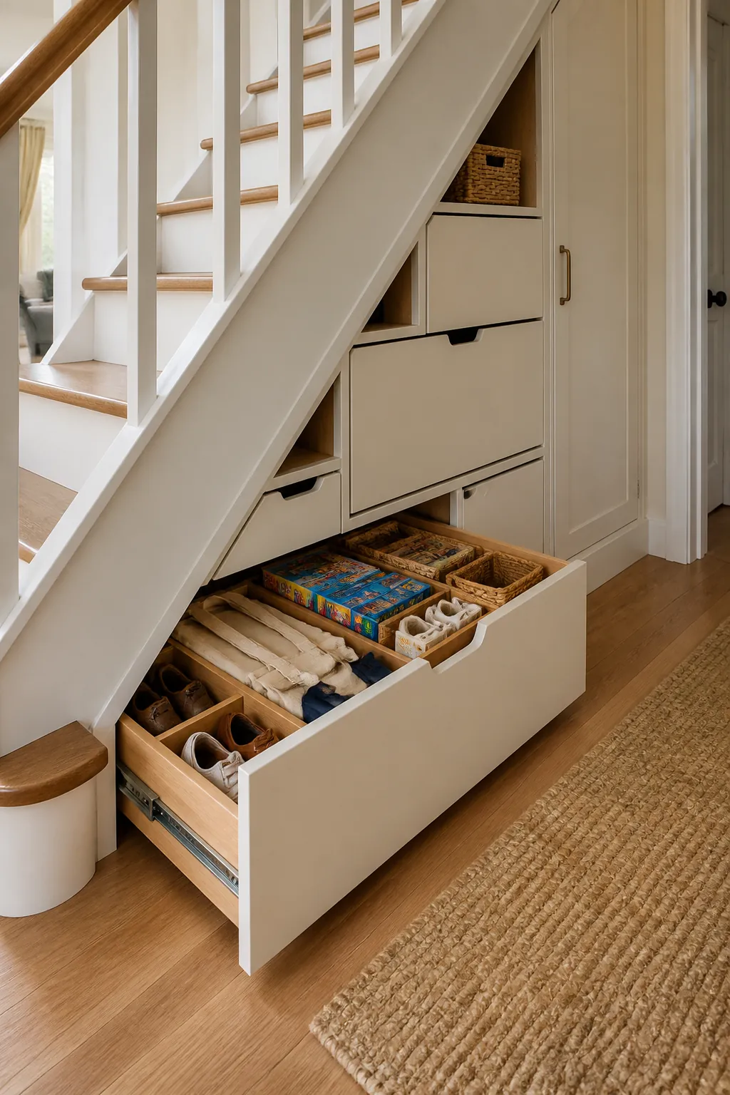 Under stairs storage with deep pullout drawers for small space organization
